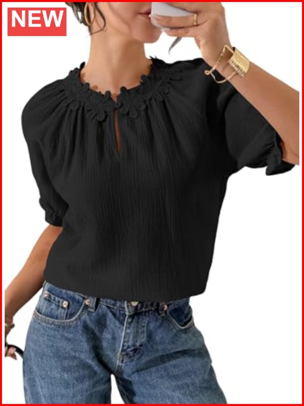 Lace Puff Sleeve Blouse Floral Embroidered Crewneck